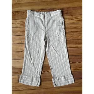 90s Style Tan White Stripe Pocket Elastic Waist Cropped Linen Petite Med Pants